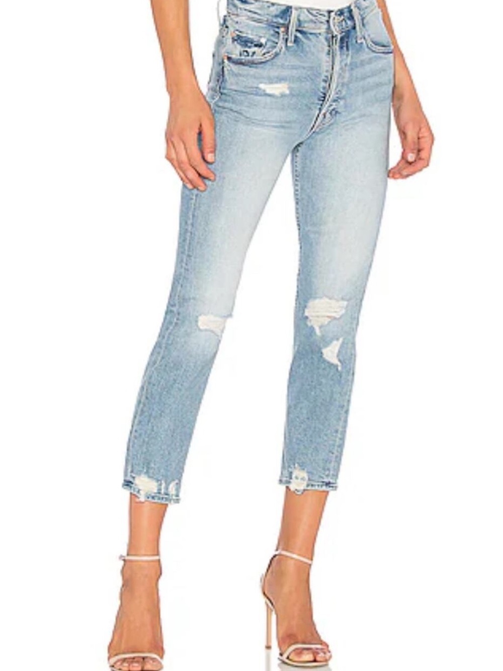 MOTHER Light Blue Distressed Cropped Jeans 28